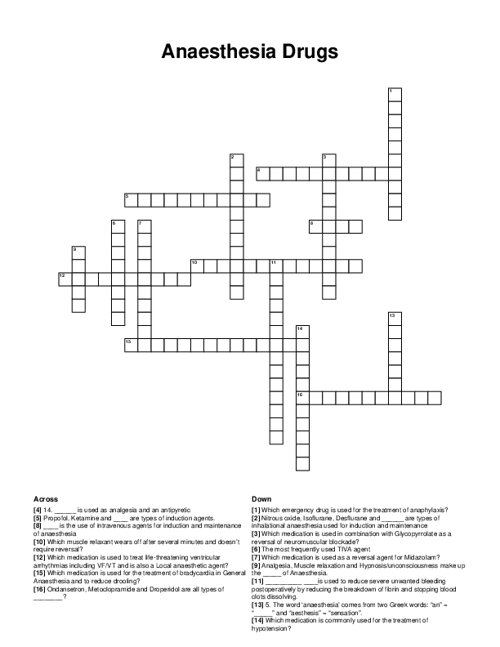 Anaesthesia Drugs Crossword Puzzle