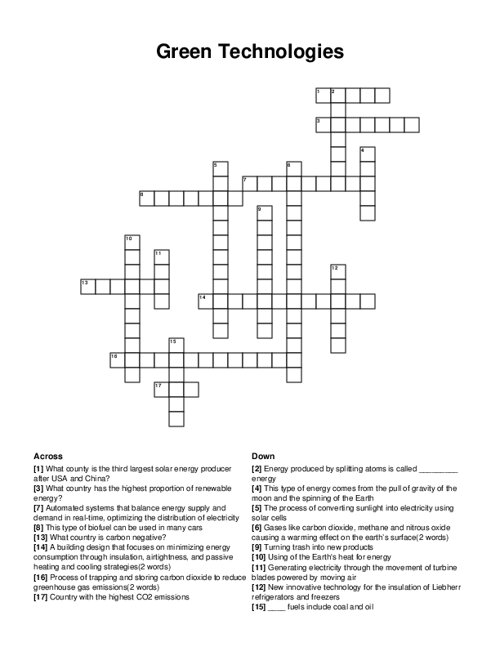 Green Technologies Crossword Puzzle