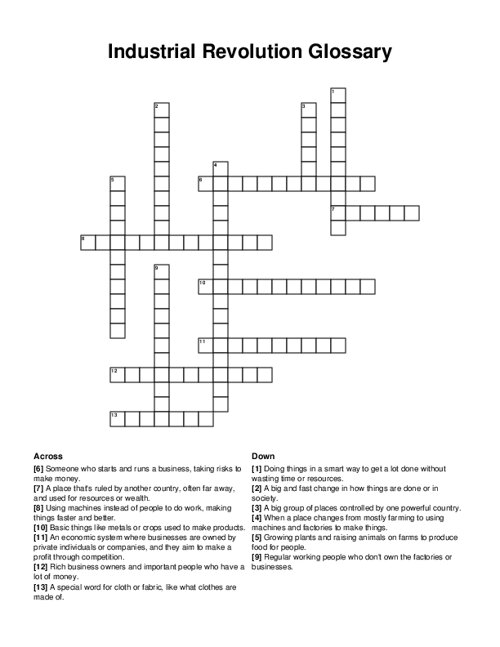 Industrial Revolution Glossary Crossword Puzzle