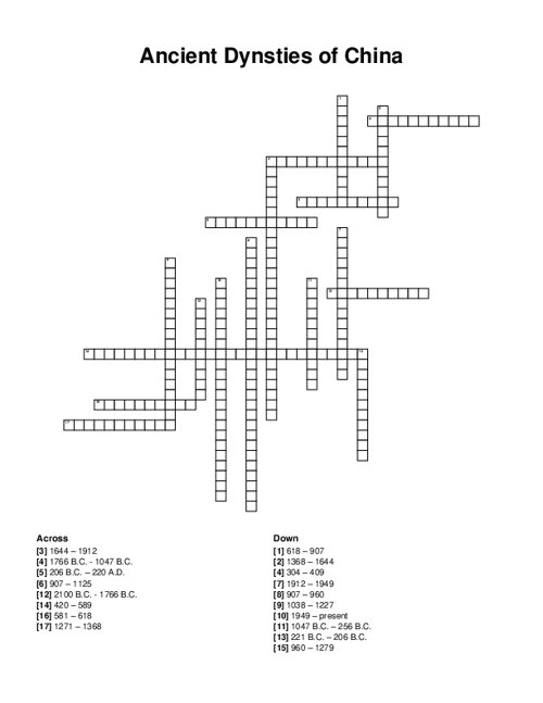 Ancient Dynsties of China Crossword Puzzle