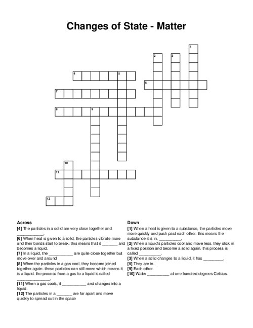 Changes of State - Matter Crossword Puzzle