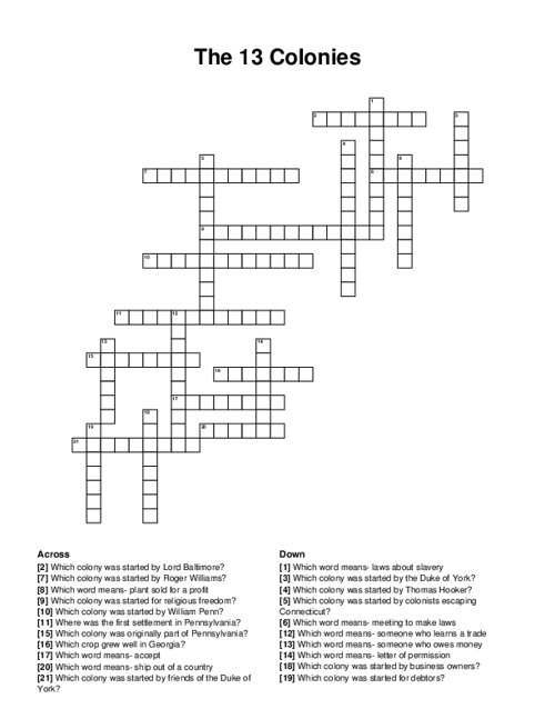 The 13 Colonies Crossword Puzzle