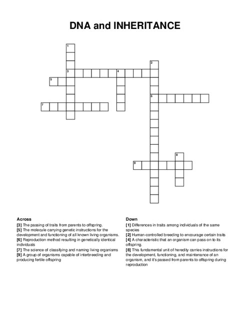 DNA and INHERITANCE Crossword Puzzle