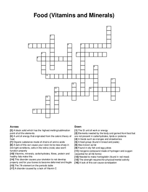 Food (Vitamins and Minerals) Crossword Puzzle