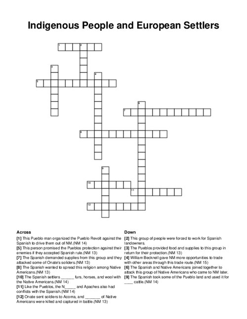 Indigenous People and European Settlers Crossword Puzzle