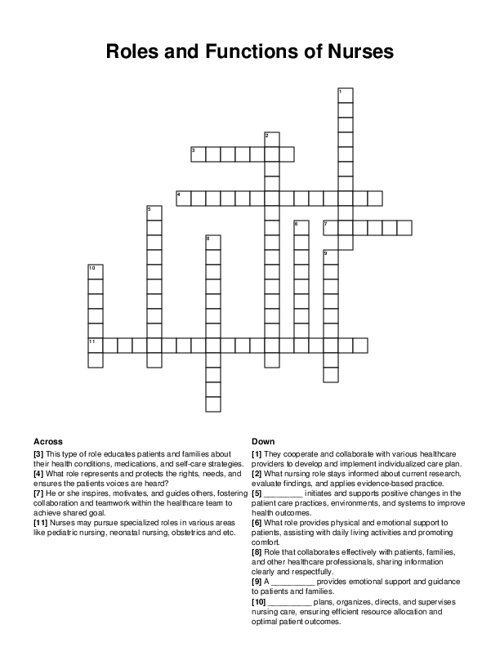 Roles and Functions of Nurses Crossword Puzzle