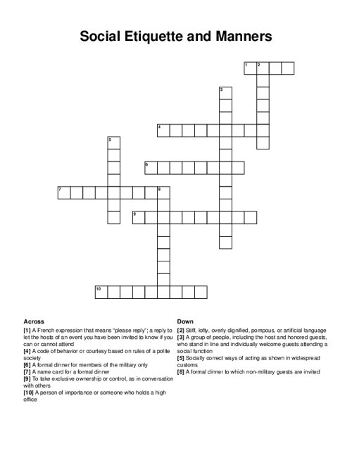 Social Etiquette and Manners Crossword Puzzle