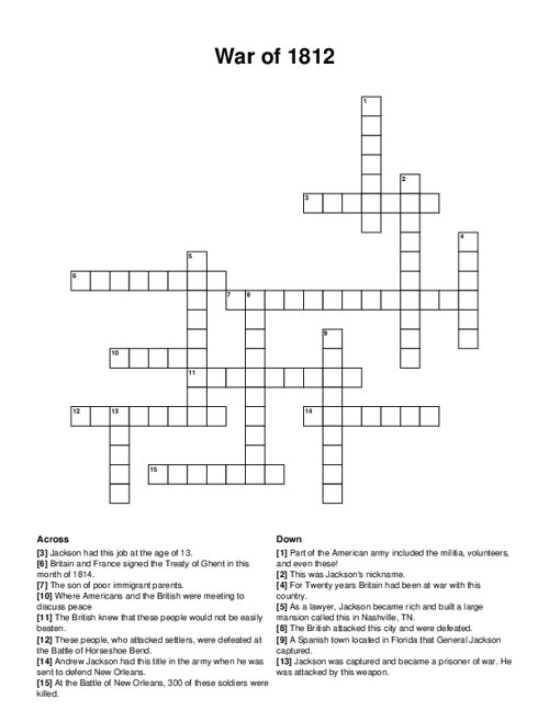 War of 1812 Crossword Puzzle