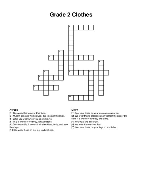 Grade 2 Clothes Crossword Puzzle