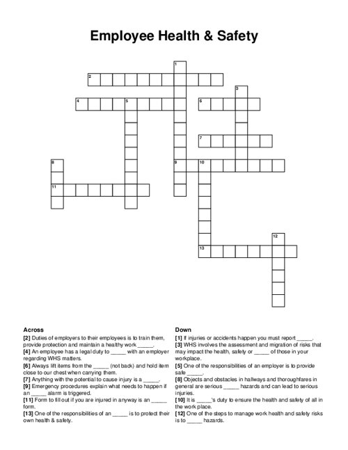 Employee Health & Safety Crossword Puzzle