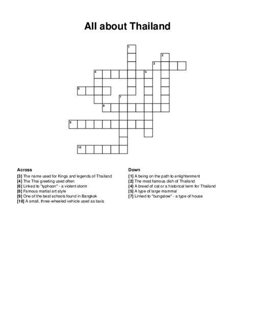 All about Thailand Crossword Puzzle