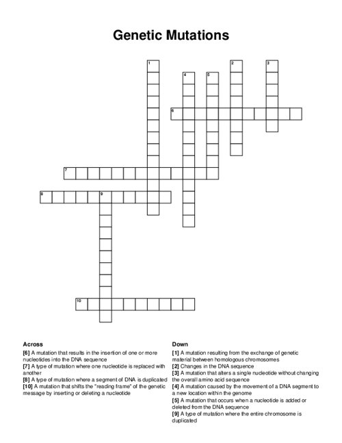 Genetic Mutations Crossword Puzzle