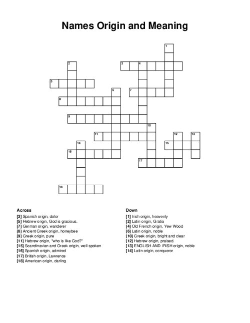 Names Origin and Meaning Crossword Puzzle