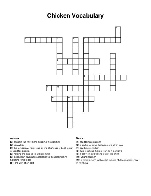 Chicken Vocabulary Crossword Puzzle