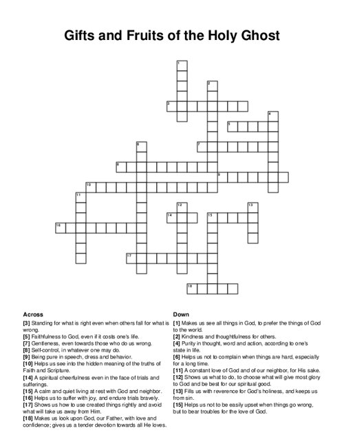 Gifts and Fruits of the Holy Ghost Crossword Puzzle
