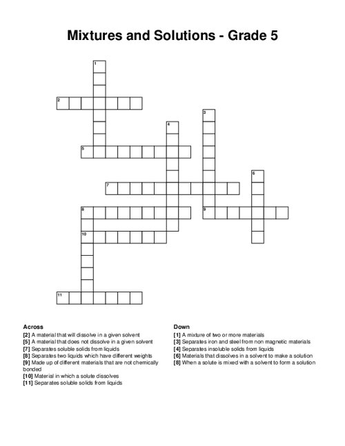 Mixtures and Solutions - Grade 5 Crossword Puzzle