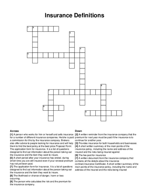 Insurance Definitions Crossword Puzzle