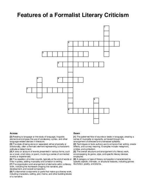 Features of a Formalist Literary Criticism Crossword Puzzle