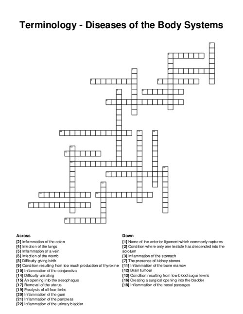 Terminology - Diseases of the Body Systems Crossword Puzzle