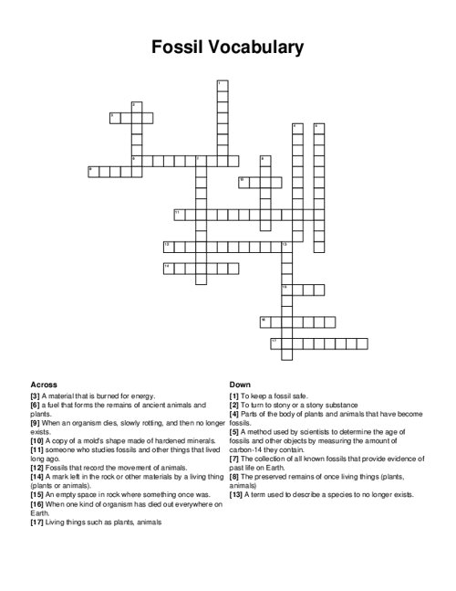 Fossil Vocabulary Crossword Puzzle