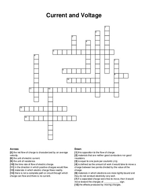 Current and Voltage Crossword Puzzle