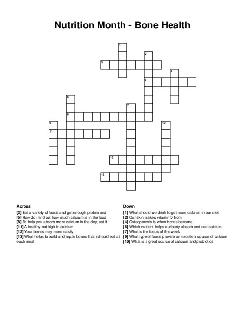 Nutrition Month - Bone Health Crossword Puzzle