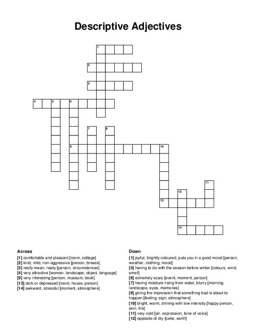 Descriptive Adjectives Crossword Puzzle