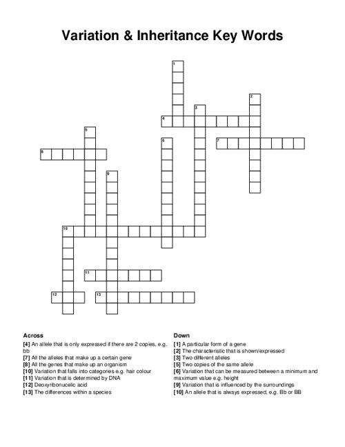 Variation & Inheritance Key Words Crossword Puzzle