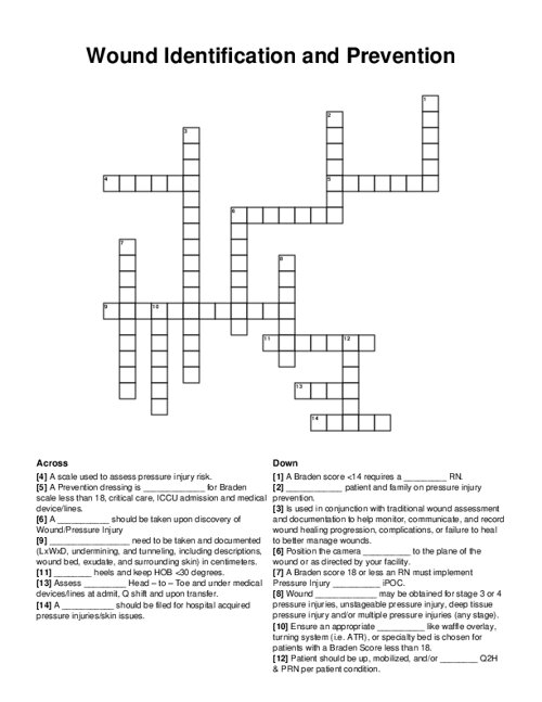 Wound Identification and Prevention Crossword Puzzle