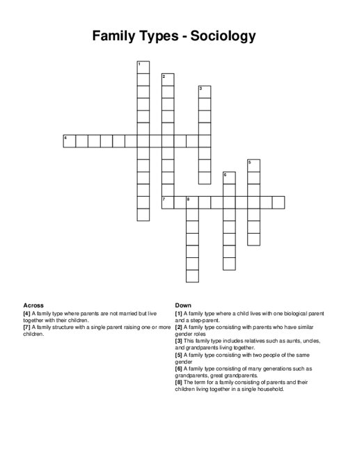 Family Types - Sociology Crossword Puzzle
