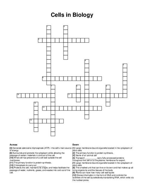 Cells in Biology Crossword Puzzle