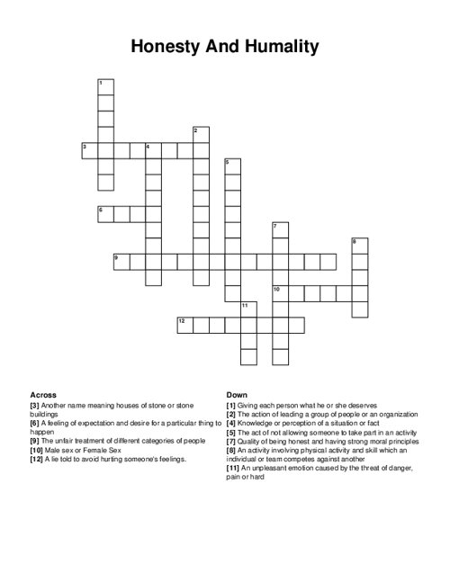Honesty And Humality Crossword Puzzle