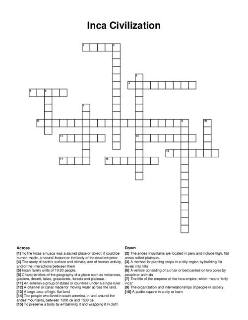Inca Civilization Crossword Puzzle