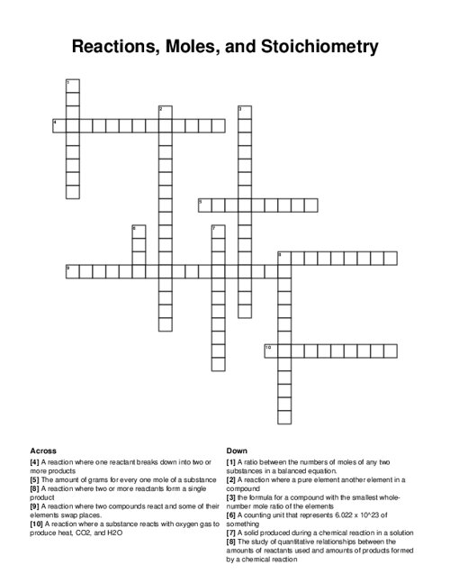 Reactions, Moles, and Stoichiometry Crossword Puzzle