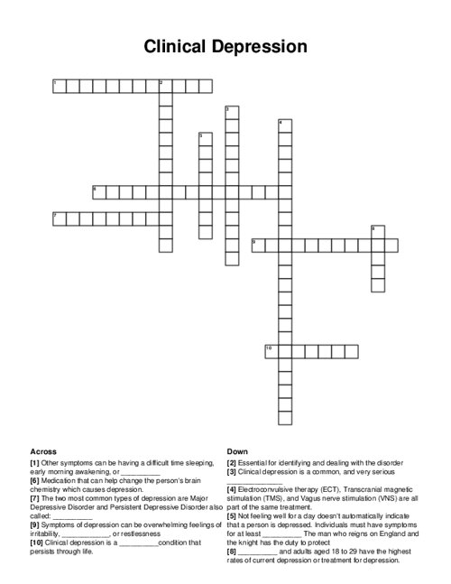 Clinical Depression Crossword Puzzle