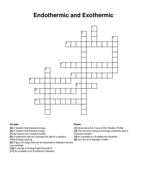 Endothermic and Exothermic Crossword Puzzle