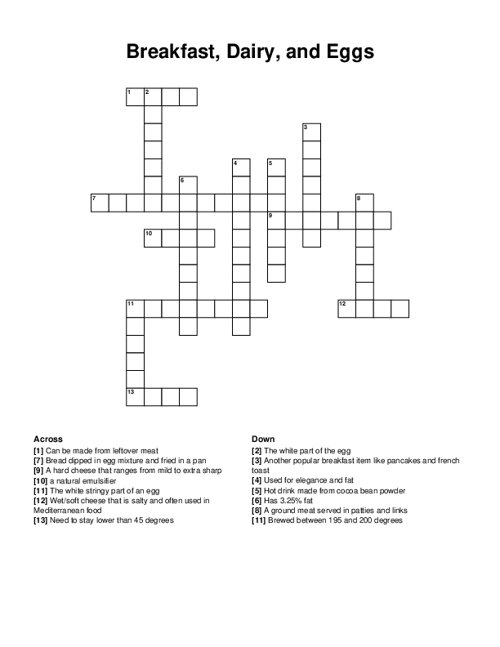 Breakfast, Dairy, and Eggs Crossword Puzzle