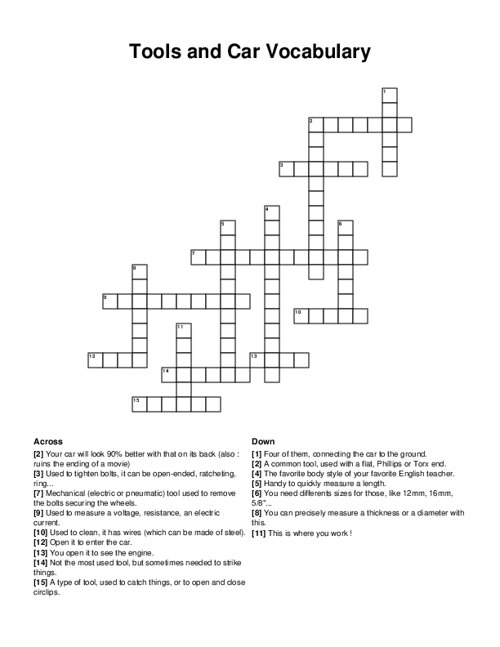 Tools and Car Vocabulary Crossword Puzzle