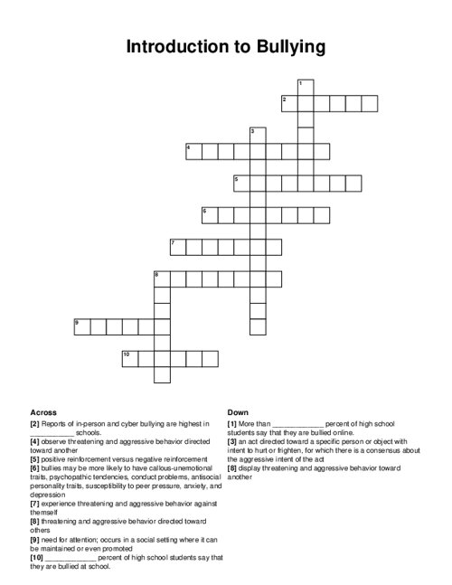 Introduction to Bullying Crossword Puzzle