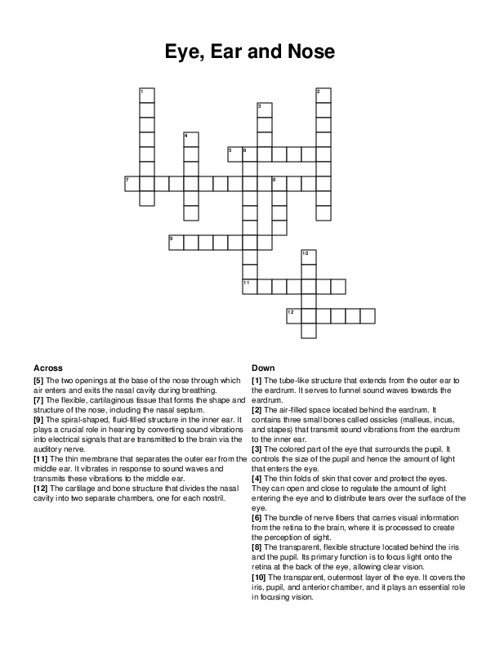 Eye, Ear and Nose Crossword Puzzle