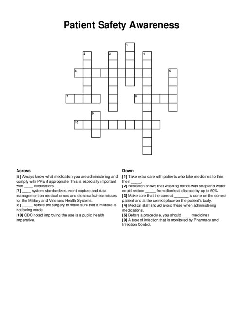 Patient Safety Awareness Crossword Puzzle