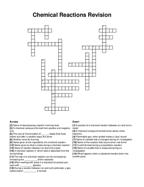 Chemical Reactions Revision Crossword Puzzle