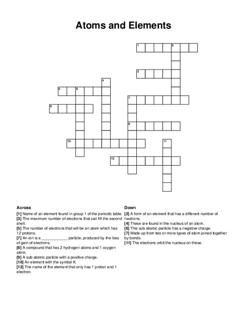 Atoms and Elements Crossword Puzzle