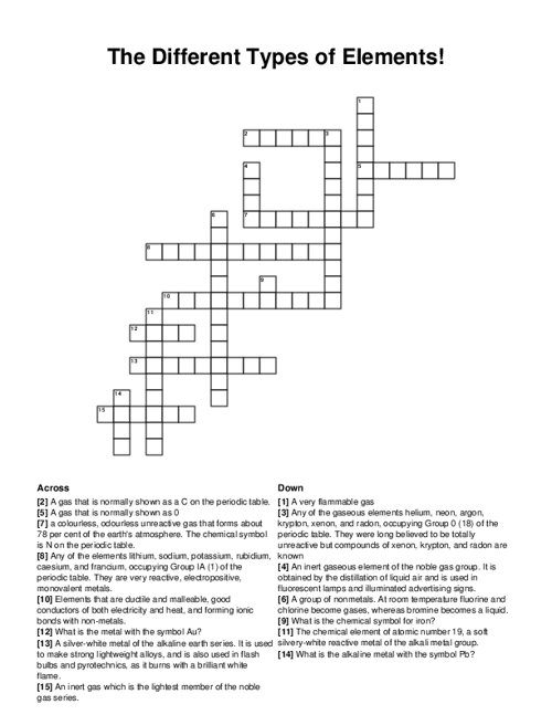 The Different Types of Elements! Crossword Puzzle