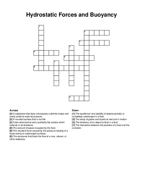 Hydrostatic Forces and Buoyancy Crossword Puzzle