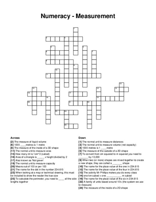 Numeracy - Measurement Crossword Puzzle