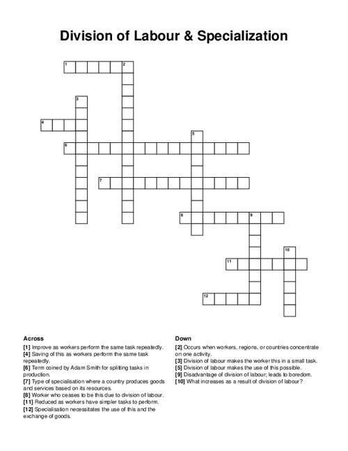 Division of Labour & Specialization Crossword Puzzle
