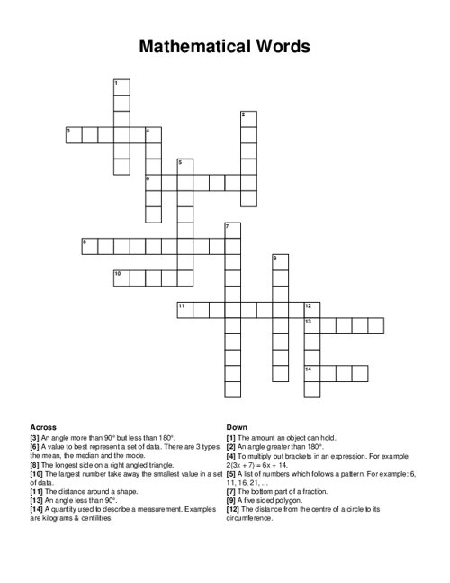 Mathematical Words Crossword Puzzle