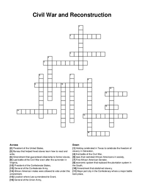 Civil War and Reconstruction Crossword Puzzle