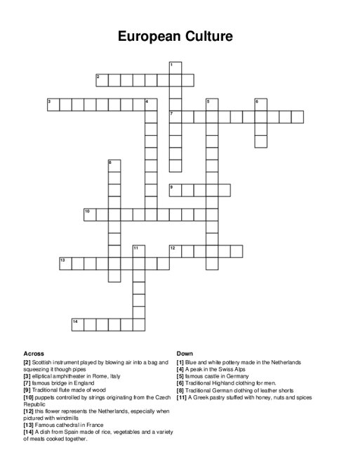 European Culture Crossword Puzzle